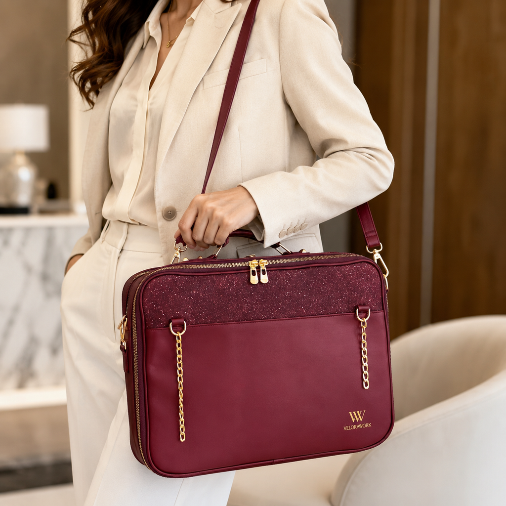 Velora Bordeaux Lumière Workstation Bag | Işıltılı Bordo Kadın Laptop Çantası