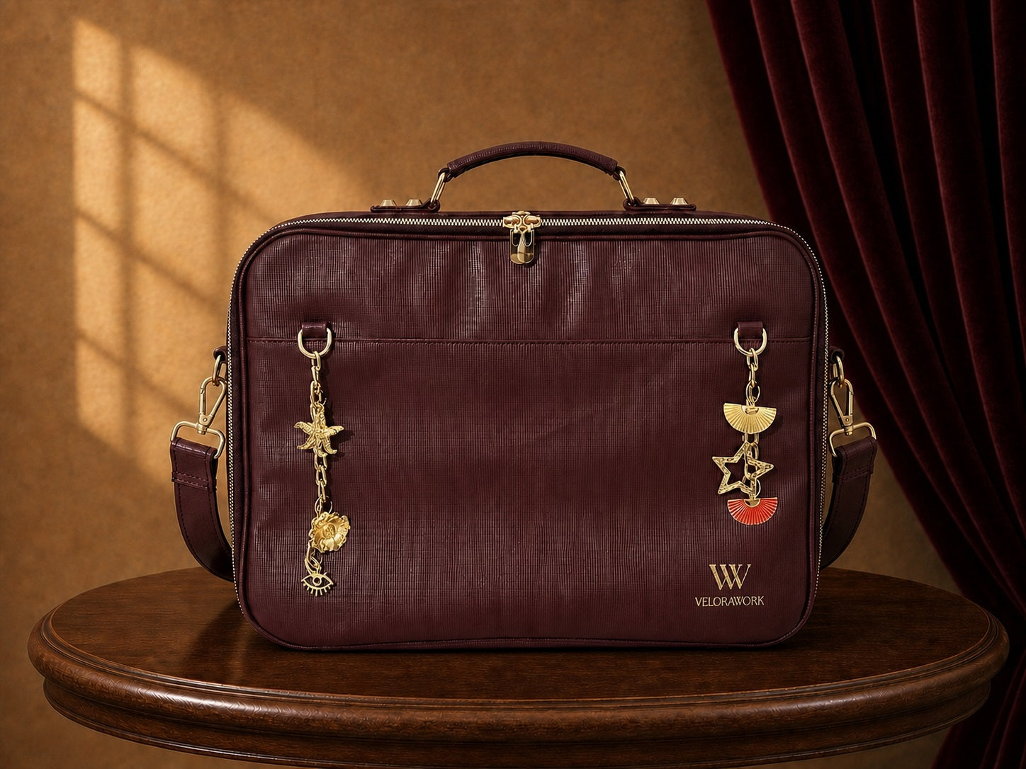 Velora Bordeaux Signature kızıl, altı charmın tamamıyla