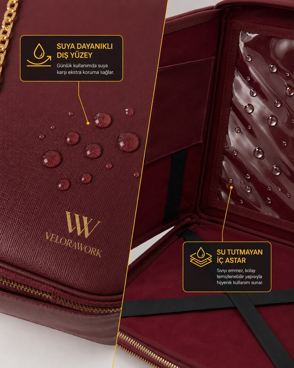 VeloraWork suya dayanıklı dış yüzey ve su tutmayan iç astar detayı